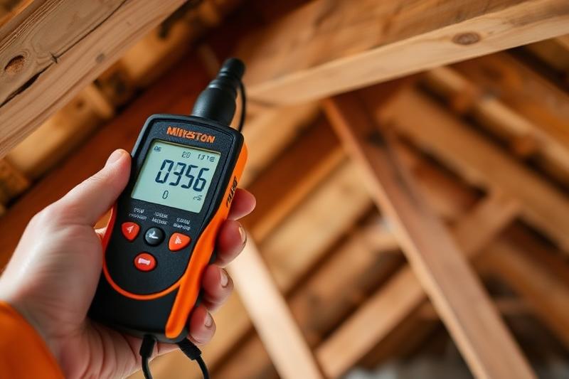 Calibrated moisture meter reading on roof timber in Blackpool